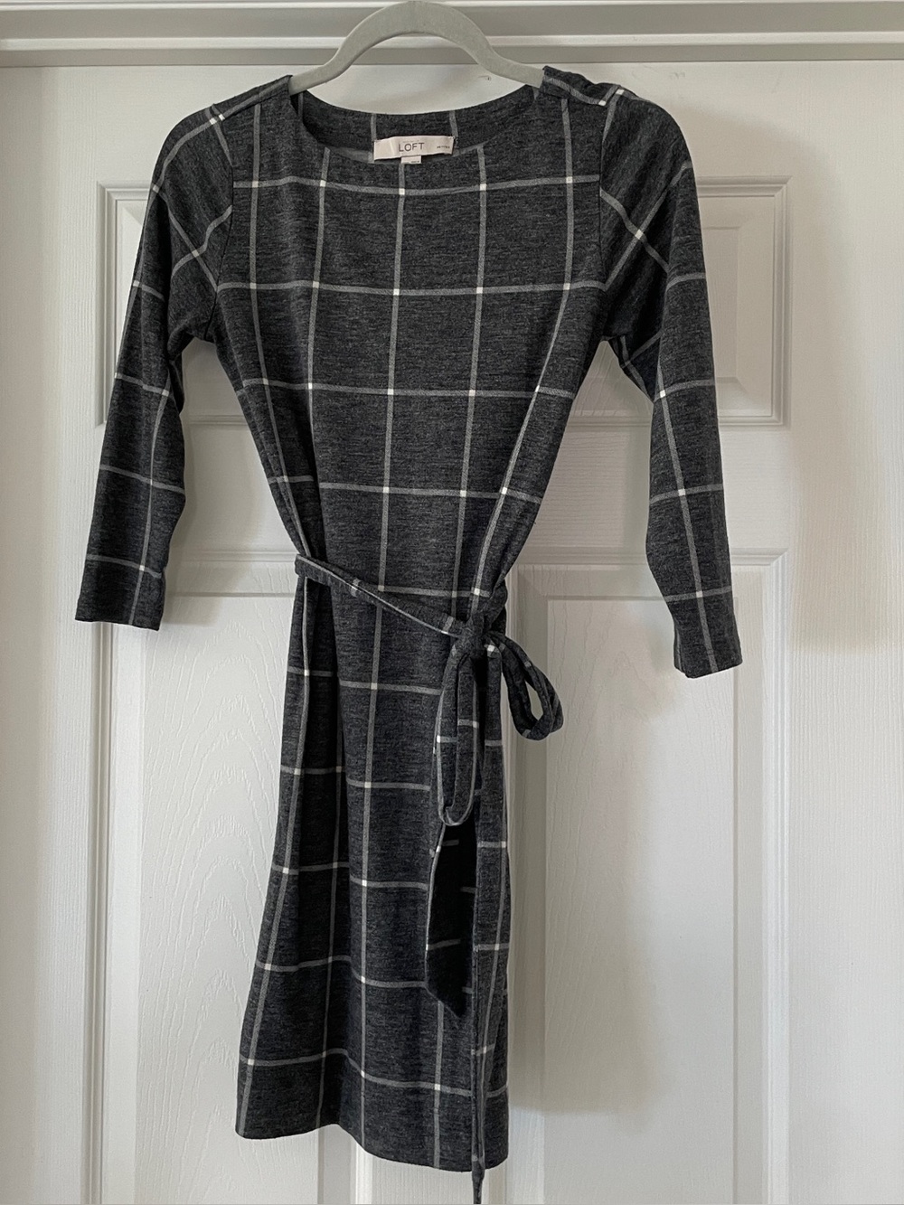 Ann Taylor LOFT XXSP Charcoal Windowpane Belted Knit Dress